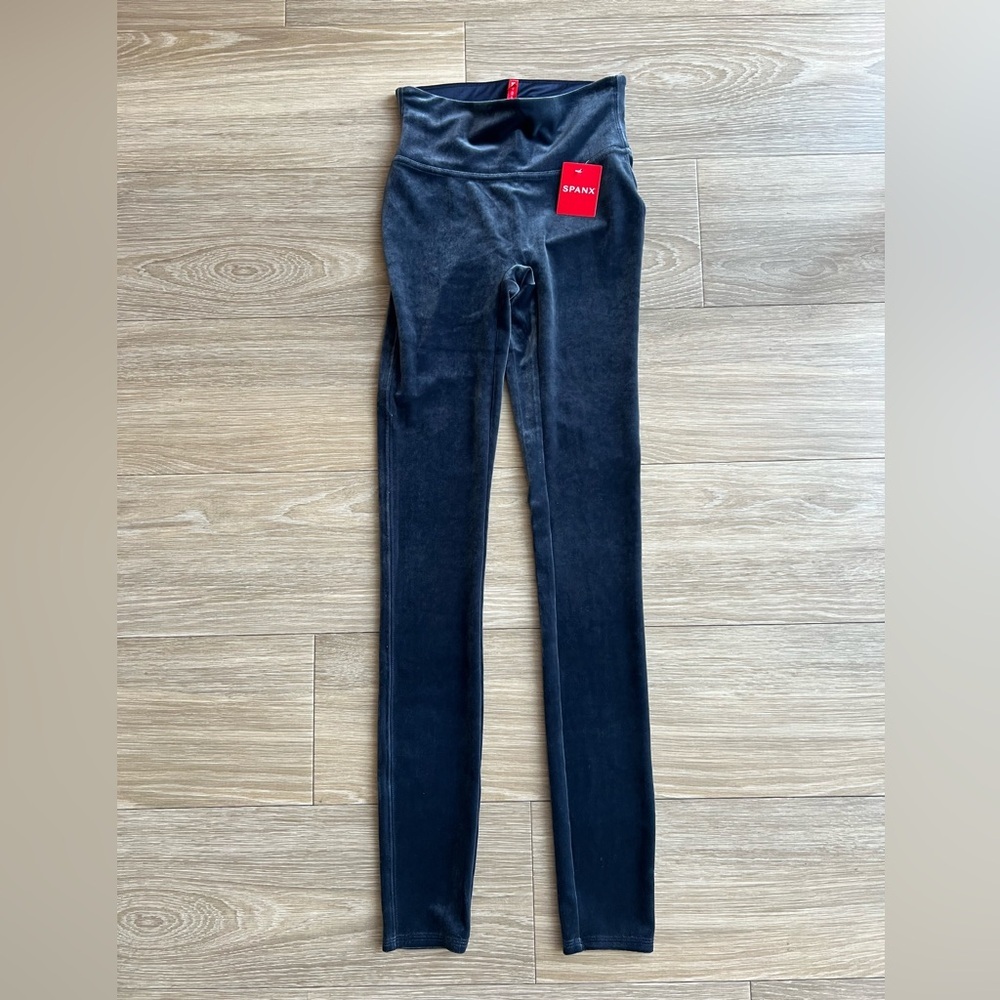 SPANX Ready-To-Wow Velvet Leggings Velour Blue Shapewear Women's Size XS Tall - Picture 2 of 5